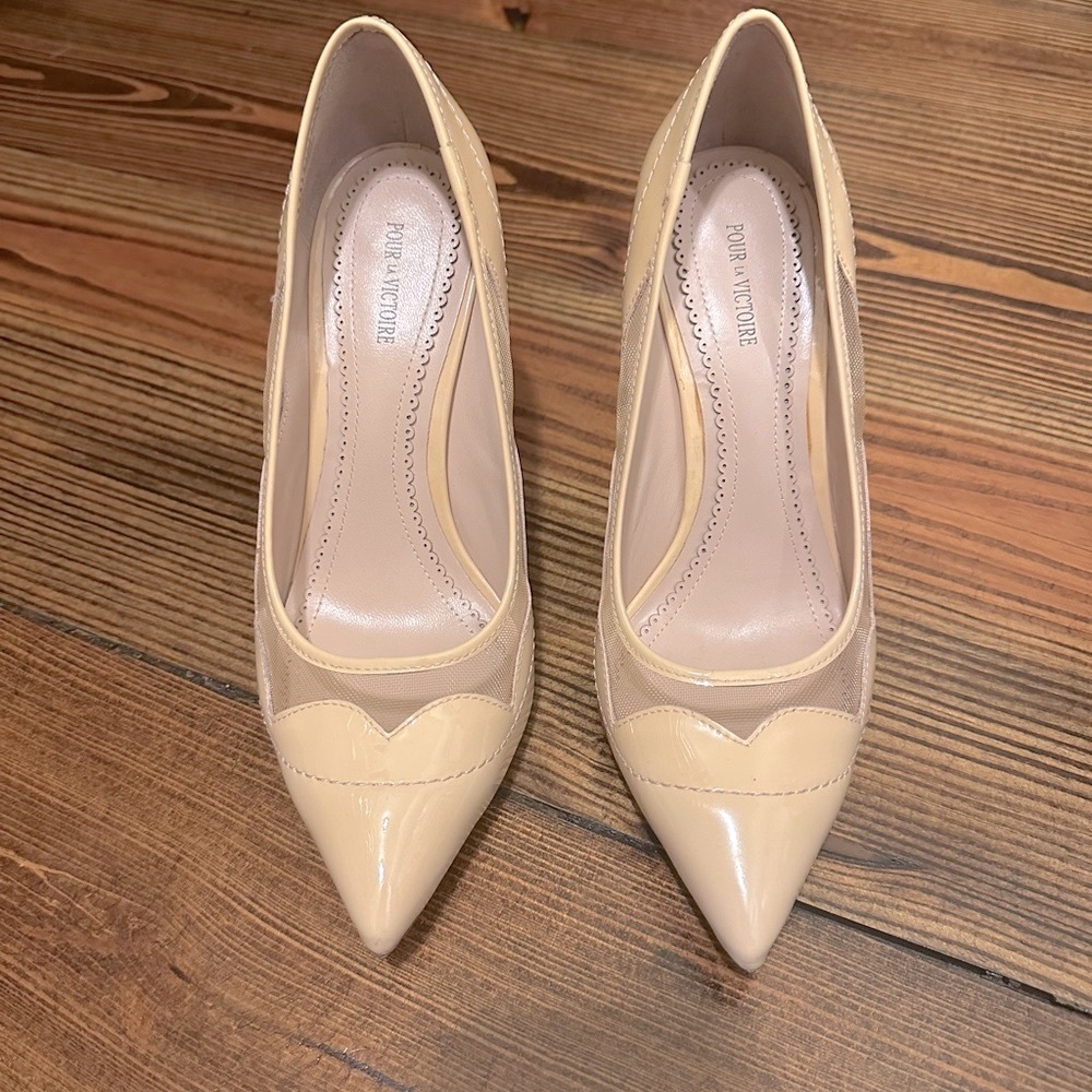 Pour La Victoire Nude Mesh Pointed Toe Stilleto Heels